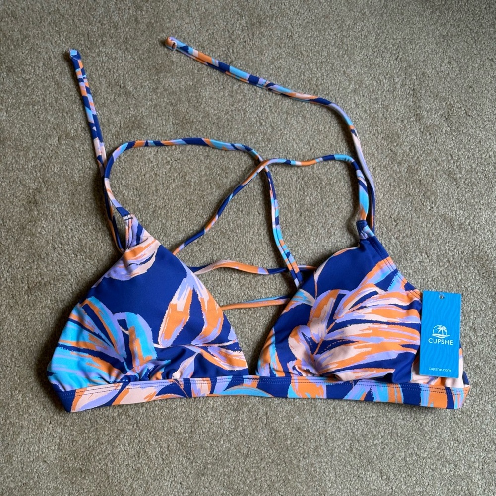CUPSHE blue and orange tie bikini top